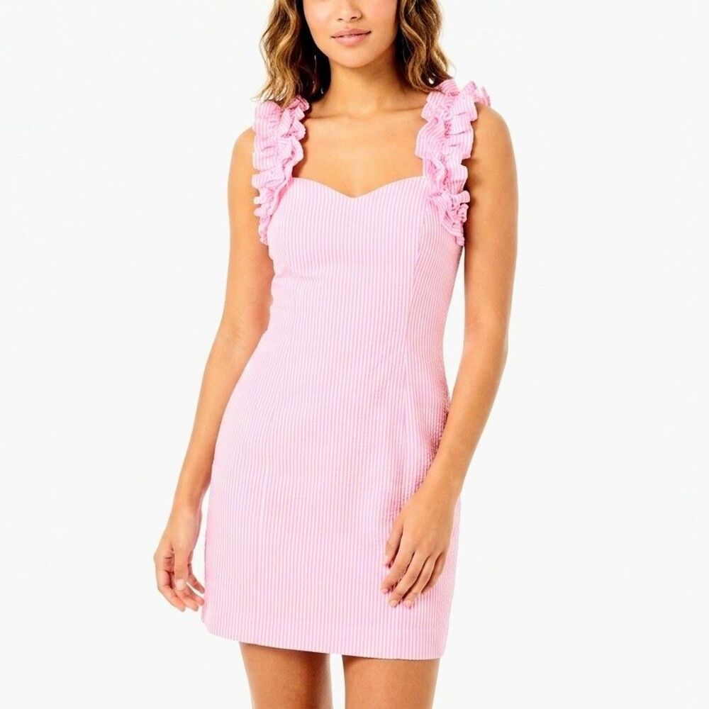 LILLY PULITZER Dress Devina Lined Pink Cosmo Seersucker Women 00/XXS NWT $198